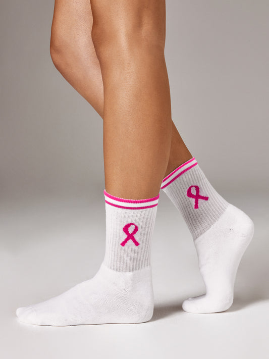 Flashdance 1/2 Crew Sock - White with Pink Ribbon